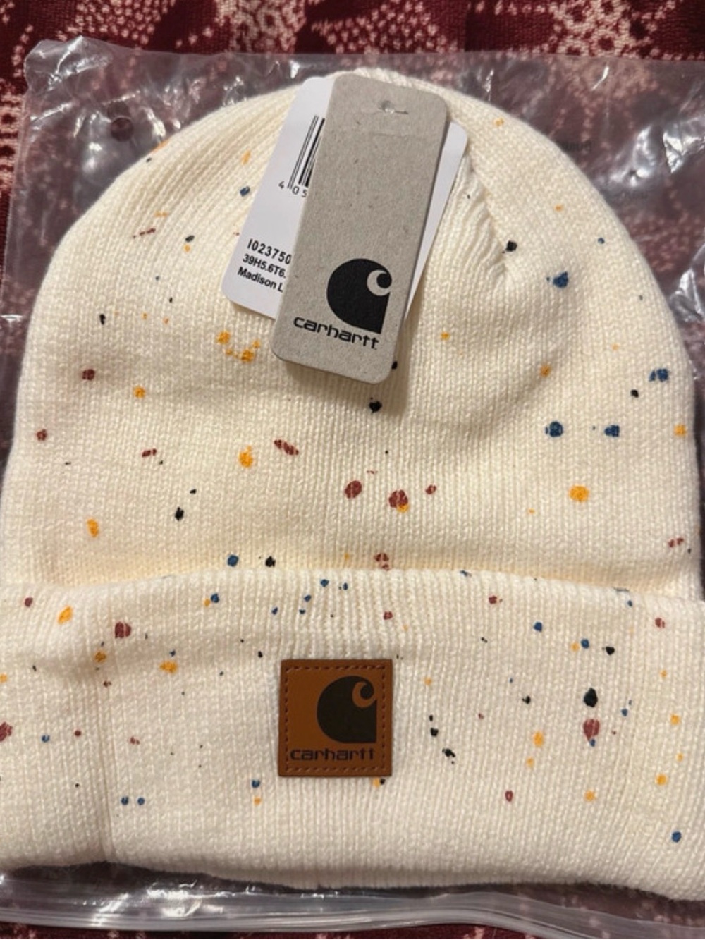 Carhartt Cream Speckled Knit Beanie with Leather Patch